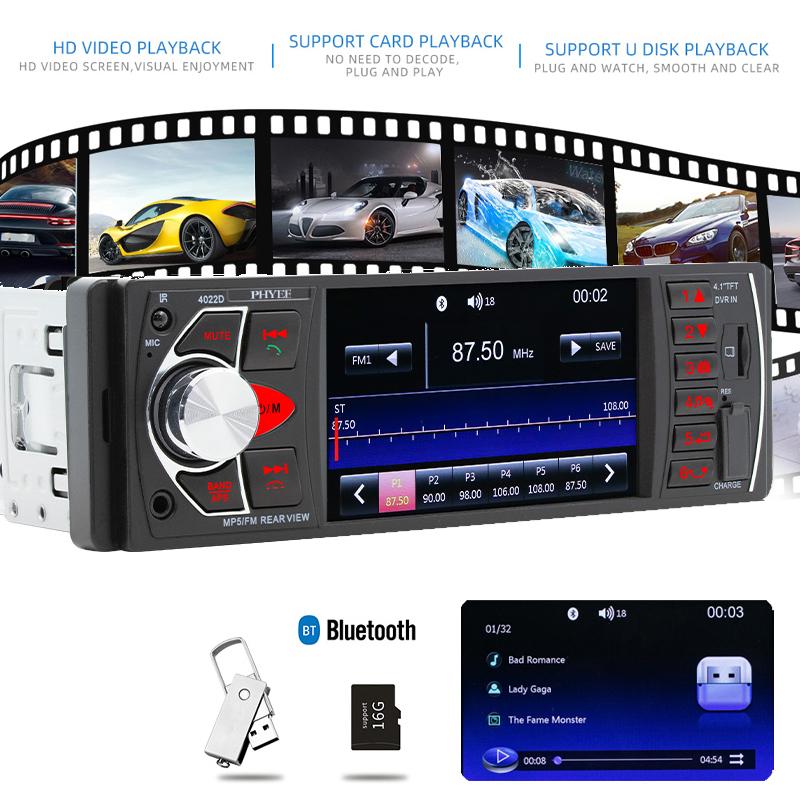 1 Din Car Radio Bluetooth 5.0, LHD Steering Wheel Remote, FLAC Audio Reversing Cam-Input, 7 Color Lights USB/TF/MP5 Player 4022D