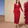 2024 French Elegant Red V-Neck Slimming Midi Dress for Women - Autumn/Winter Collection