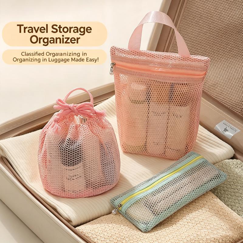 Travel Toiletry Bag - Large Capacity Mesh Fabric Breathable Storage Bag For Miscellaneous Items - Visible Makeup Bag - Drawstrin