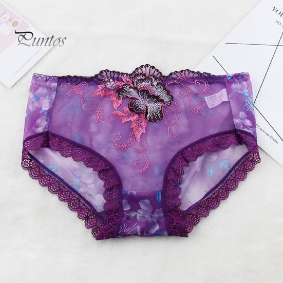 Underpants Women Panties Rose Embroidery Flower Print Mid Waist Stretch Briefs See-through Lace Sexy Ladies Underwear Daily Wear