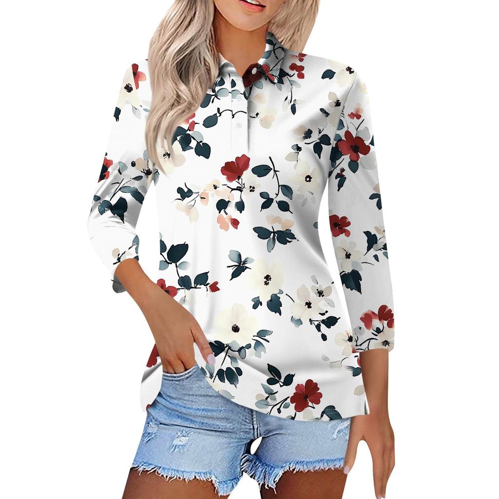Женская модная повседневная рубашка с короткими рукавами 3/4 с лацканами и принтом, женские топы на пуговицах