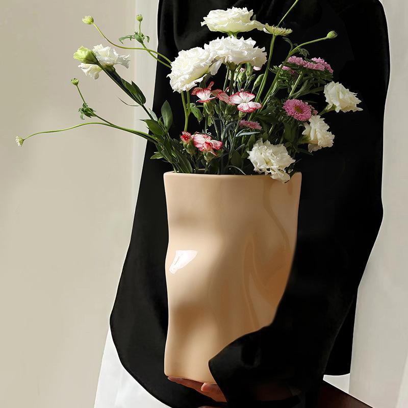 Креативная плиссированная керамическая ваза, украшение для гостиной, ниша, цветочная композиция, гидропонный светильник, роскошный настольный цветочный набор, украшение для дома