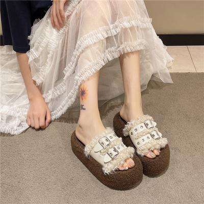 Мода Мода Металлическая Пряжка Один Ремешок Платформа Шлепанцы Зима Новые Круглый Носок Открытый Носок Замшевые Туфли