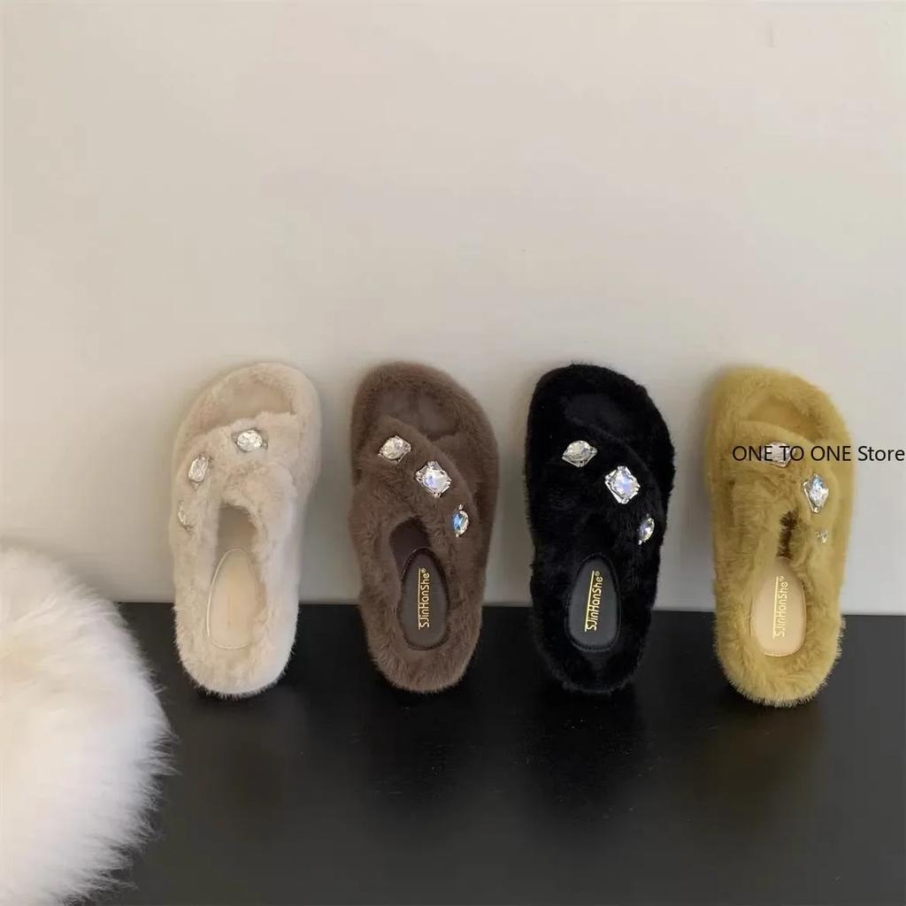 Мода 2025 Домашние Женские Тапочки Шлепанцы Желейные Вьетнамки Меховые Слайдеры Модная Платформа 2024 Блестящие Плюшевые Роскошные Хрустальные Блестящие Слайдеры