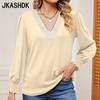 Women's Fashion Casual Summer Spring Solid Color Print Long Sleeve Lace V-Neck Blouses & Shirts