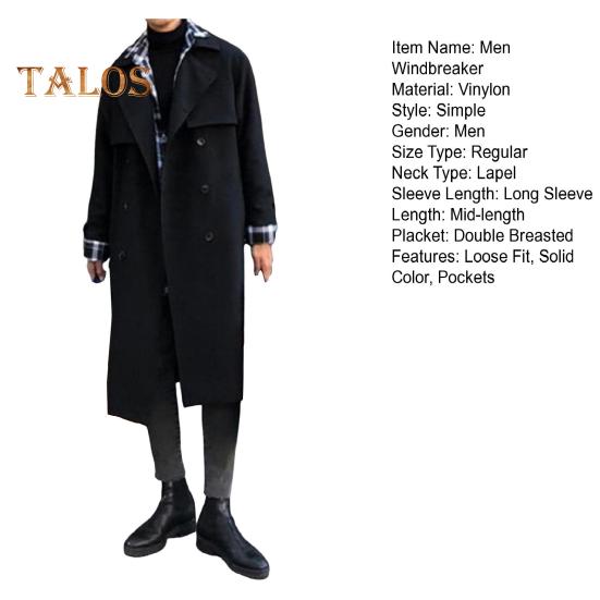 Мужская ветровка, пальто с лацканами, длинный рукав, двубортный, регулируемый пояс, тренчкот с карманами, однотонный, свободного кроя, верхняя одежда средней длины
