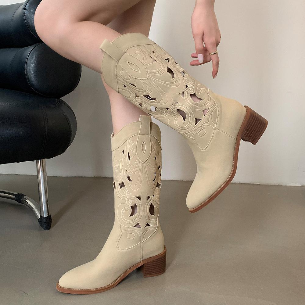 Ретро-сапоги в стиле вестерн с острым носком до середины голени, женские, из натуральной коровьей замши, полые, без застежек, на толстом высоком каблуке, рыцарские туфли, британская современная обувь
