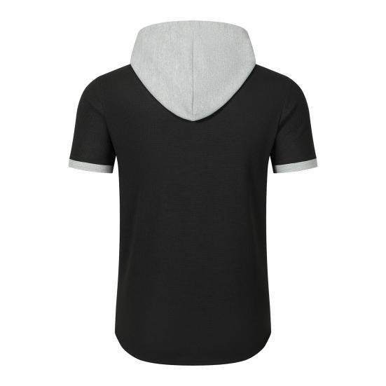 Мужская летняя футболка с капюшоном, короткий рукав, застежка на пуговицы, нагрудный карман, вафельный цветной блок, повседневная футболка с капюшоном для спортзала, уличная одежда