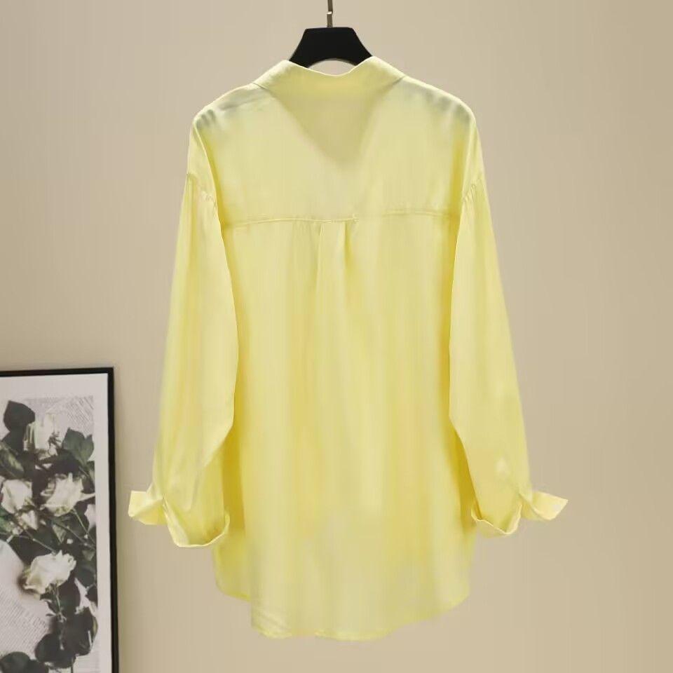 Рубашка в корейском стиле, свободная, повседневная, с длинным рукавом, однотонная, средней длины, летящая блузка