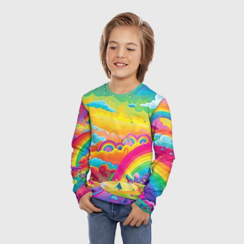 Children's Cartoon Kitten Print Color Painting T-shirt Boys Cute Long Sleeved Soft Comfortable Top