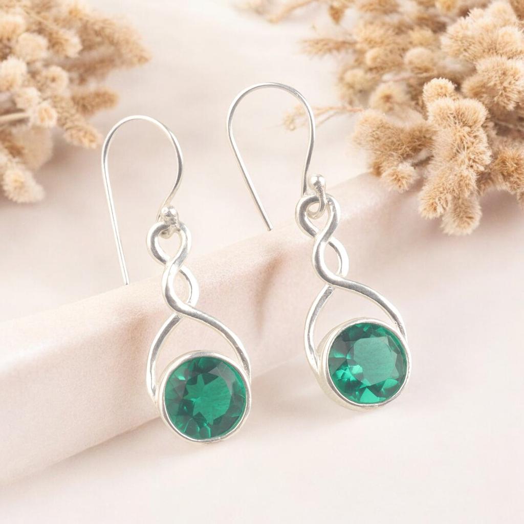 Round Cut Green Emerald 925 Sterling Silver Handcrafted Jewelry Earrings 1.68" CE-15-1