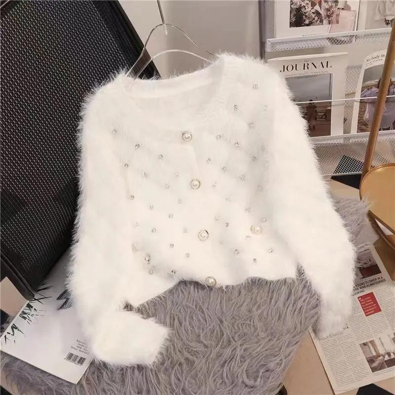 Autumn and Winter Women's Bead Imitation Mink Sweater Women Knitted Cardigan Long Sleeve Short Loose Knitwear Female Tops