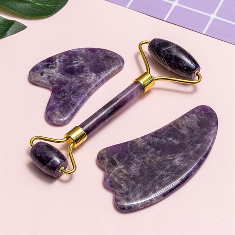Natural Amethyst Jade Roller Gua Sha Set Gouache Scraper Board Face Lifting Anti-Wrinkle Beauty Skin Care Body Massage Tools