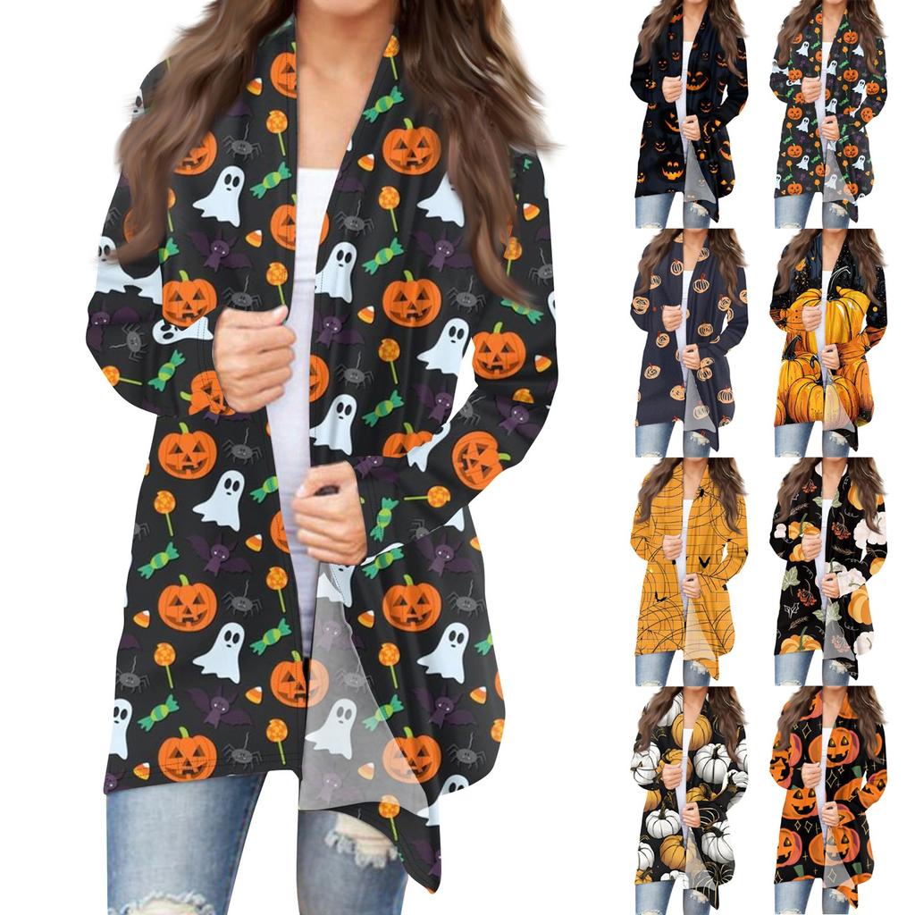 Женский модный повседневный кардиган средней длины с принтом на Хэллоуин, куртка, пальто