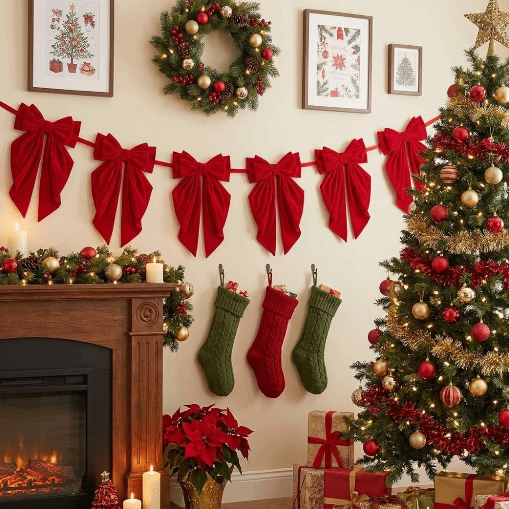 Handmade Red Bow Banner Reusable Christmas Velvet Ornament Exquisitely Bow Bunting  Party