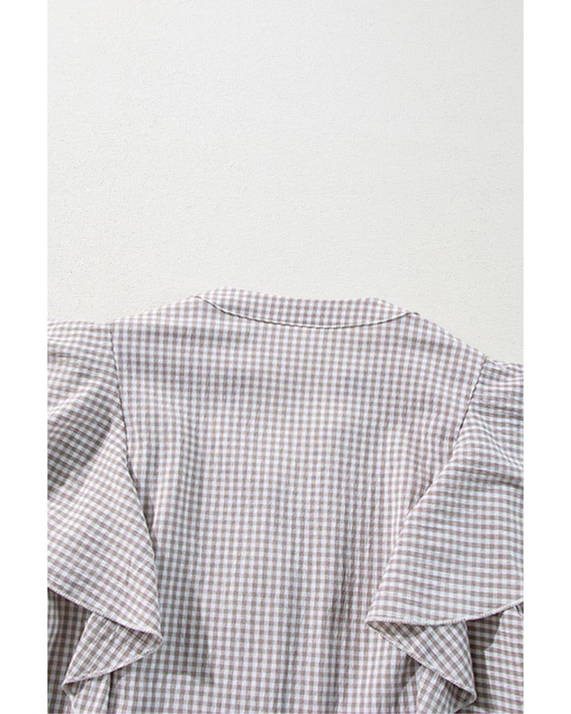 Azura Exchange Коричневая клетчатая рубашка с оборками на рукавах и вырезом на горловине