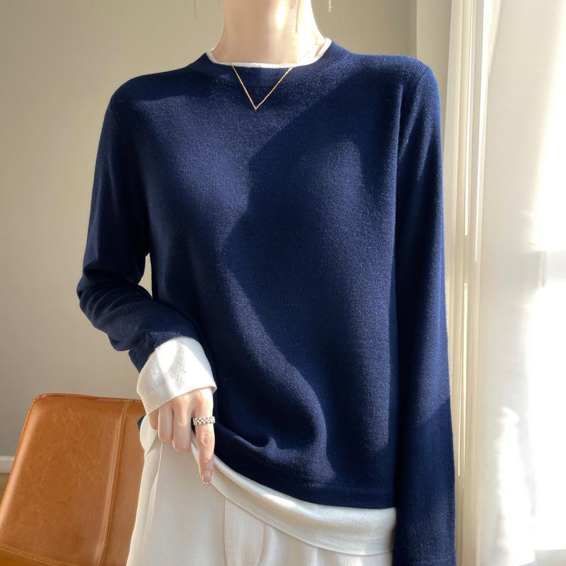 Новый женский свитер, имитация двух частей, шерстяной трикотажный пуловер с длинным рукавом и круглым вырезом, высокая эластичность, женский пуловер, мода, осень-зима