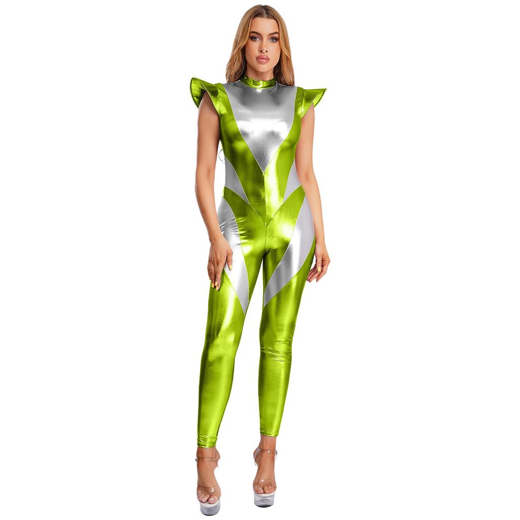 Womens Metallic Iridescent Alien Jumpsuit Fly Sleeve Leggings Unitard Space Cosplay Costume