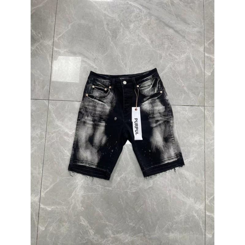 Mens High Street Denim Shorts Black Side P Stretch PU Splatter Print Casual Straight Fit