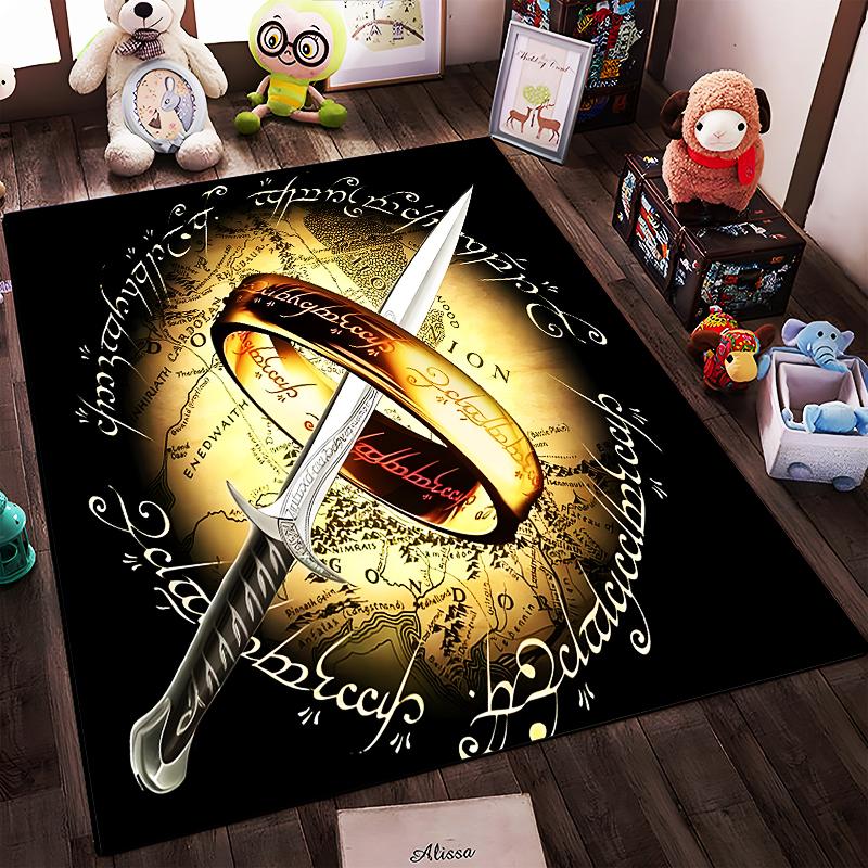 "Fantasy Style Carpet with Ring, Sword, and Elvish Text Motif" Suitable for use as an anti-slip for living room bedroom sofas