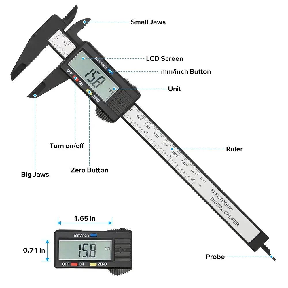 Black Digital Ruler 150mm Electronic Digital Caliper Carbon Fiber Dial Vernier Caliper Gauge Micrometer Measuring Tool
