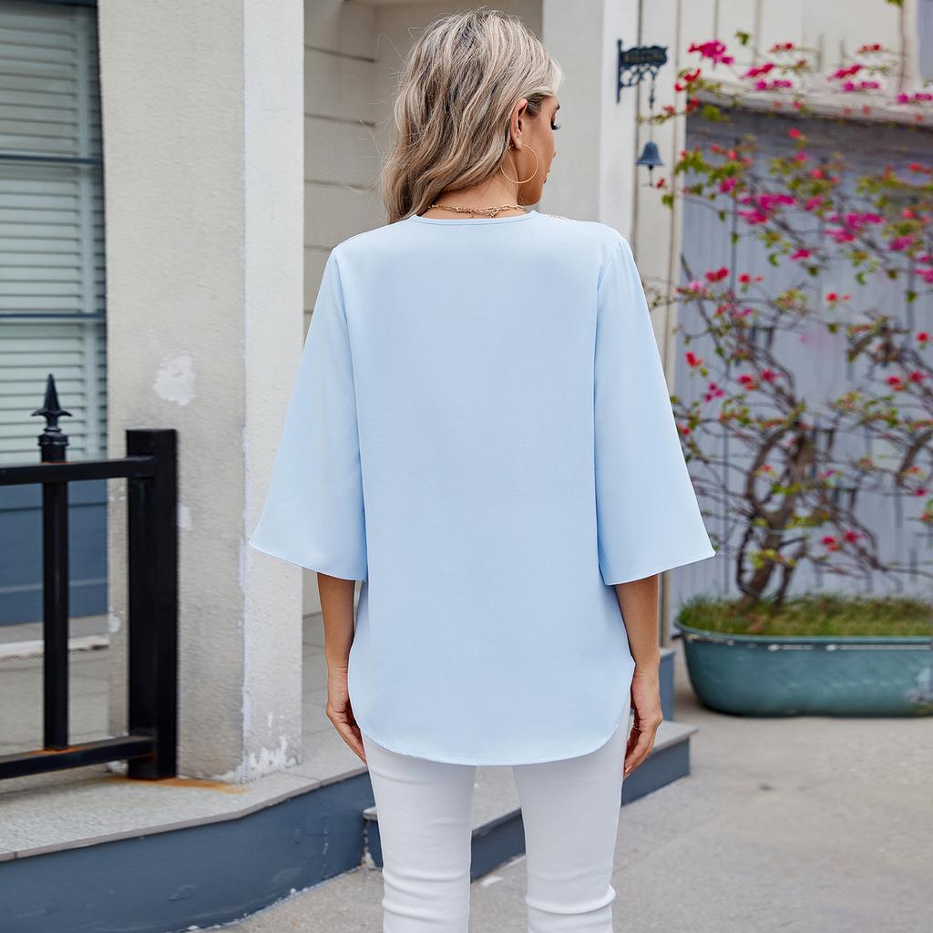 Весна и лето Новые однотонные женские топы из шифона с V-образным вырезом и рукавом средней длины