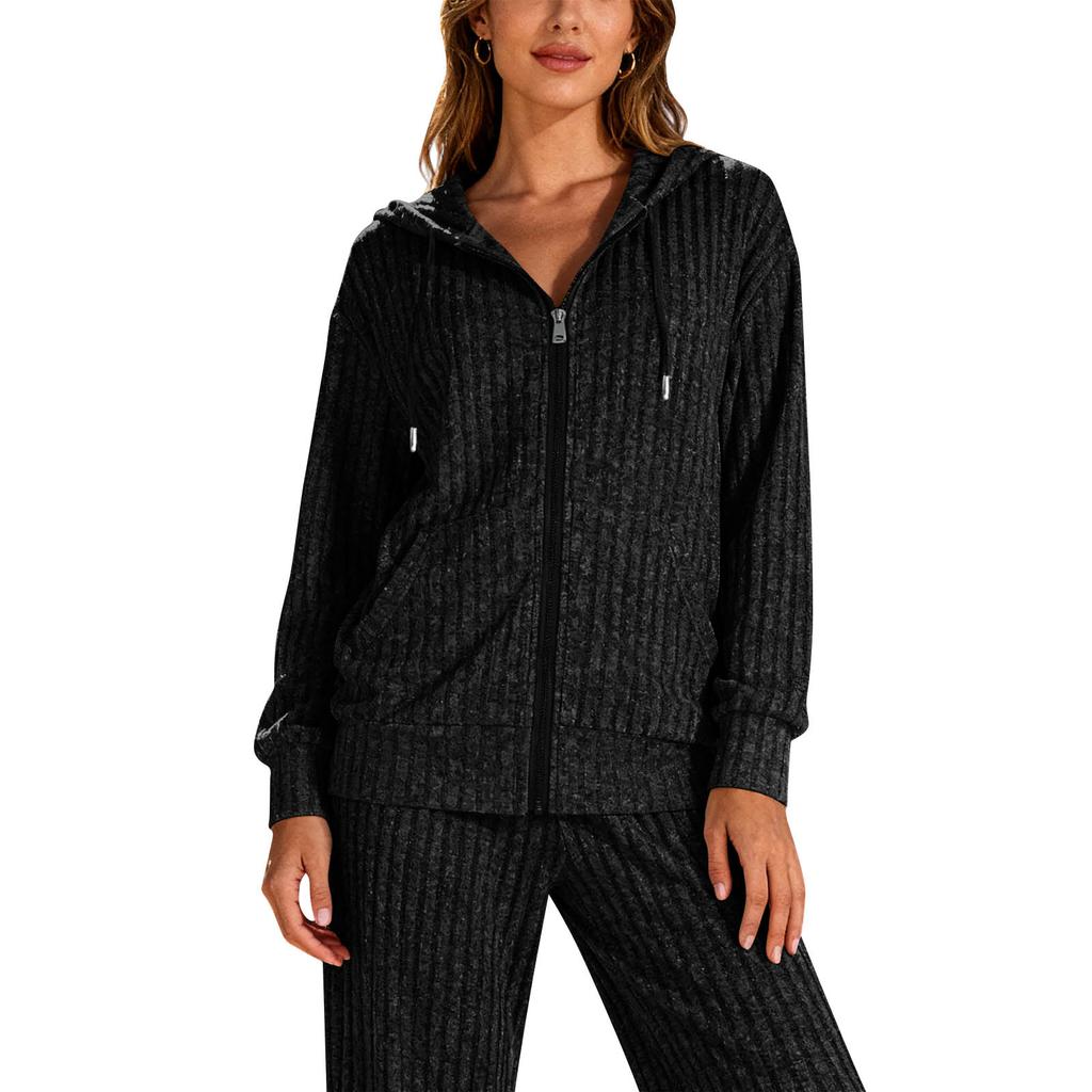 Женские спортивные костюмы из 2 предметов: худи на молнии с капюшоном и карманами и брюки с эластичной талией, мягкий эластичный осенне-зимний наряд