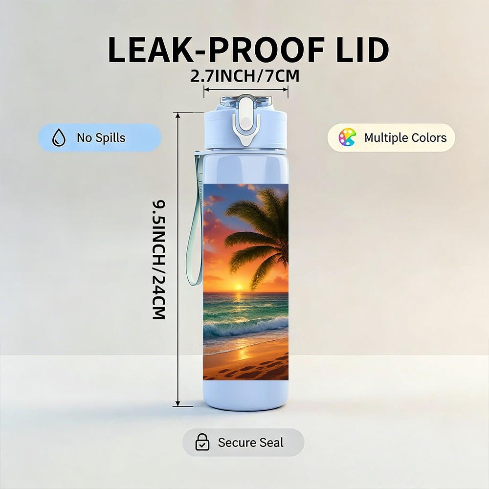 1PC Palm Tree Beach Sunset Ocean 750ml Color Plastic Sports Water Bottle Leakproof Flip Straw Lid Suitable for Sports Office Home Use