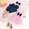 6M-3Y Children's Polka Dot Lapel Bubble Short-sleeved Jacket + Halter Bow Saree Girls Skirt Suit