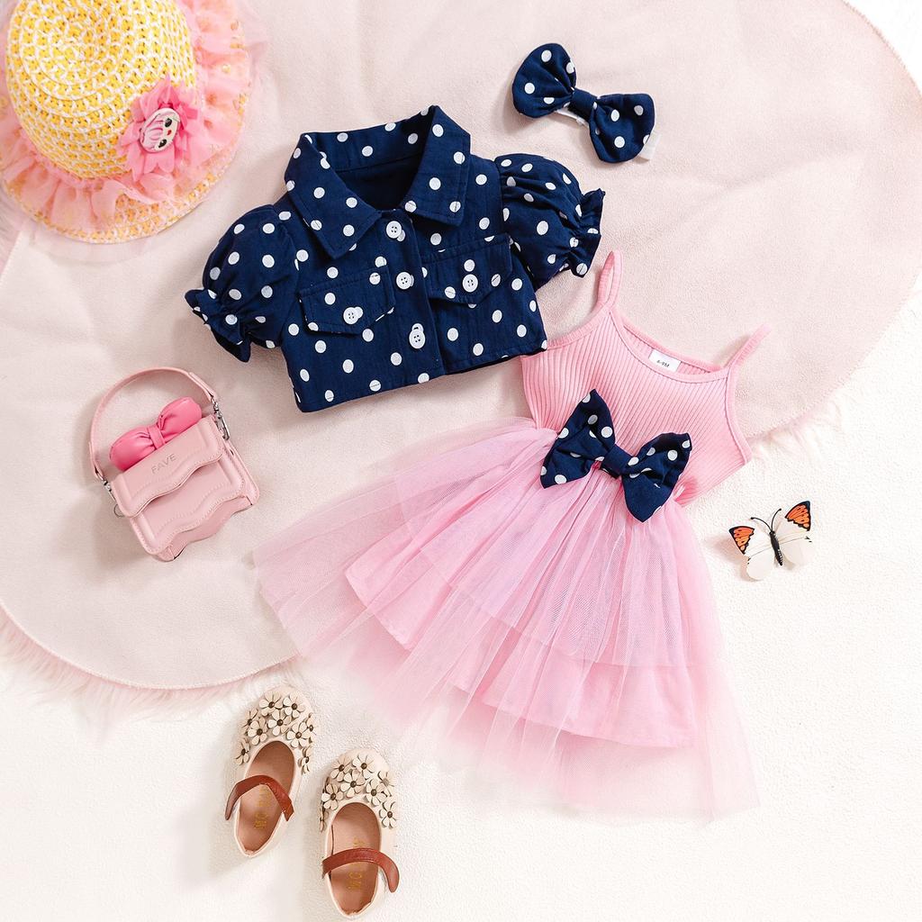 6M-3Y Children's Polka Dot Lapel Bubble Short-sleeved Jacket + Halter Bow Saree Girls Skirt Suit