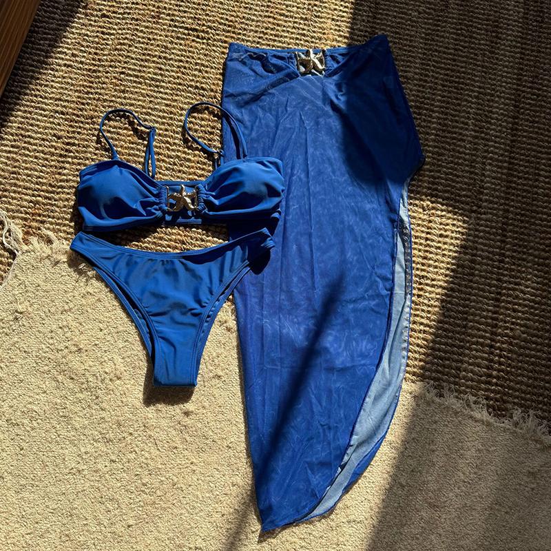 Женский купальник из 3 частей, металлический купальник бикини со звездой, юбка из пряжи с высокой талией, накидки, купальник на подтяжках с открытой спиной, лето, новинка
