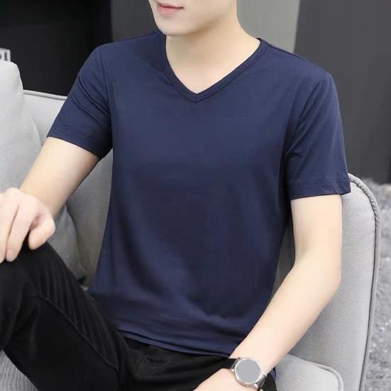 Летняя мужская футболка с V-образным вырезом из ледяного шелка, сплошной цвет, повседневный стиль, с коротким рукавом, приталенный пуловер, повседневная одежда, молодежный спортивный топ для подростков