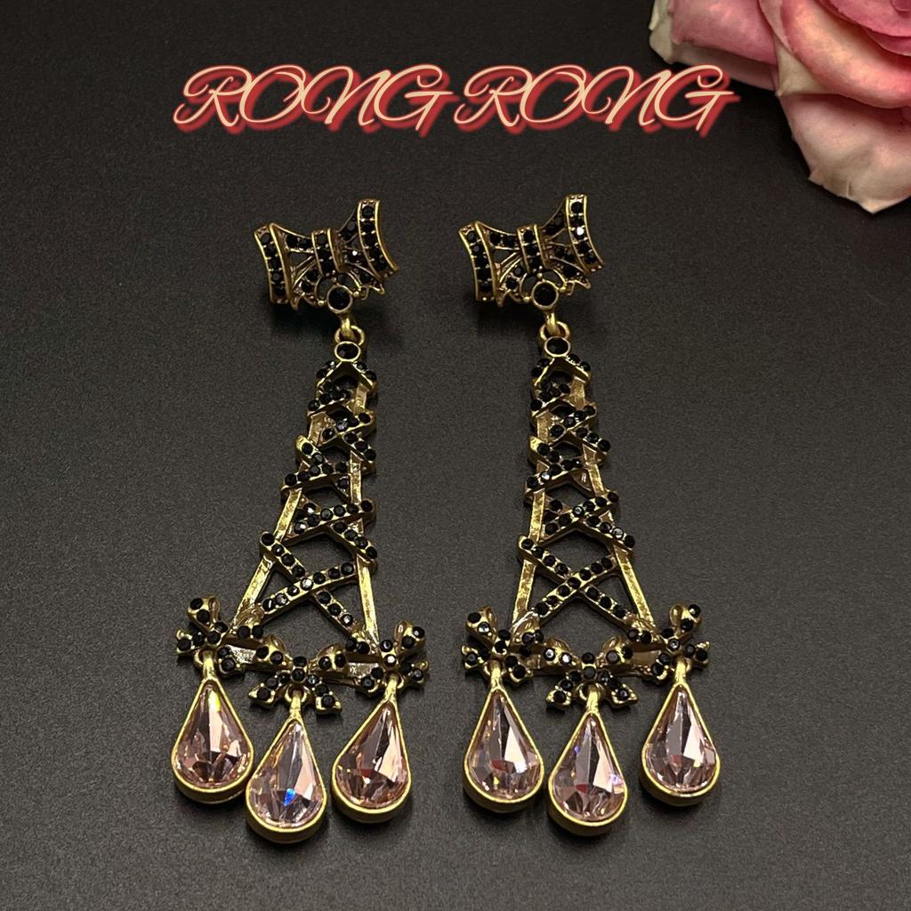 Medieval Fashion Light Luxury Eiffel Tower Studded Earrings Exaggerated Bow Dreamy