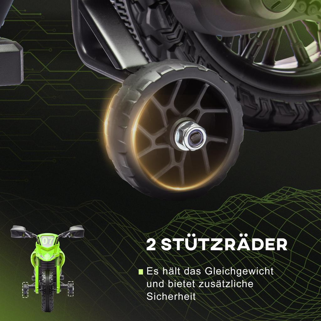 Electric Motorcycle for Kids, 6V Battery-Powered, Training Wheels, Horn, Start Sound, 3-8 Years, Green