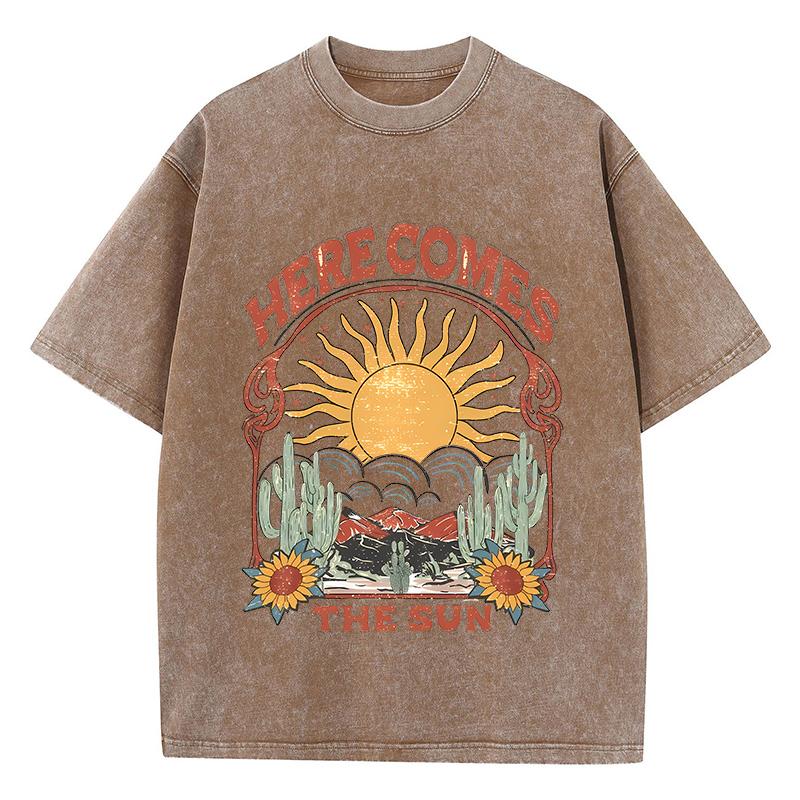 Винтажные женские футболки с кислотной стиркой Here Comes The Sun Printing Tees Crewneck Cotton Oversize Short Sleeve Clothes