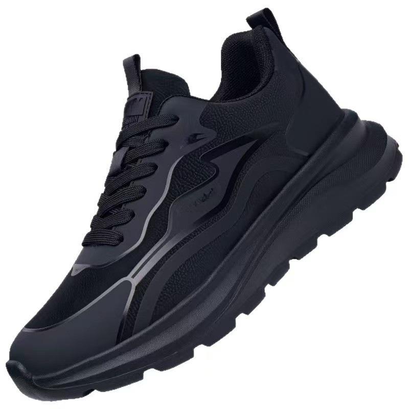 Men Waterproof Height Increasing Casual Shoes Spring Black Leather Soft Thick Sole Versatile Sneakers