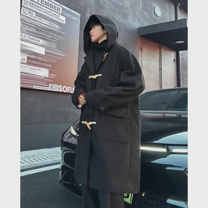 Мужское толстое шерстяное пальто в корейском стиле: Красивый, теплый, высококачественный, свободный, длиной до колена для осени/зимы