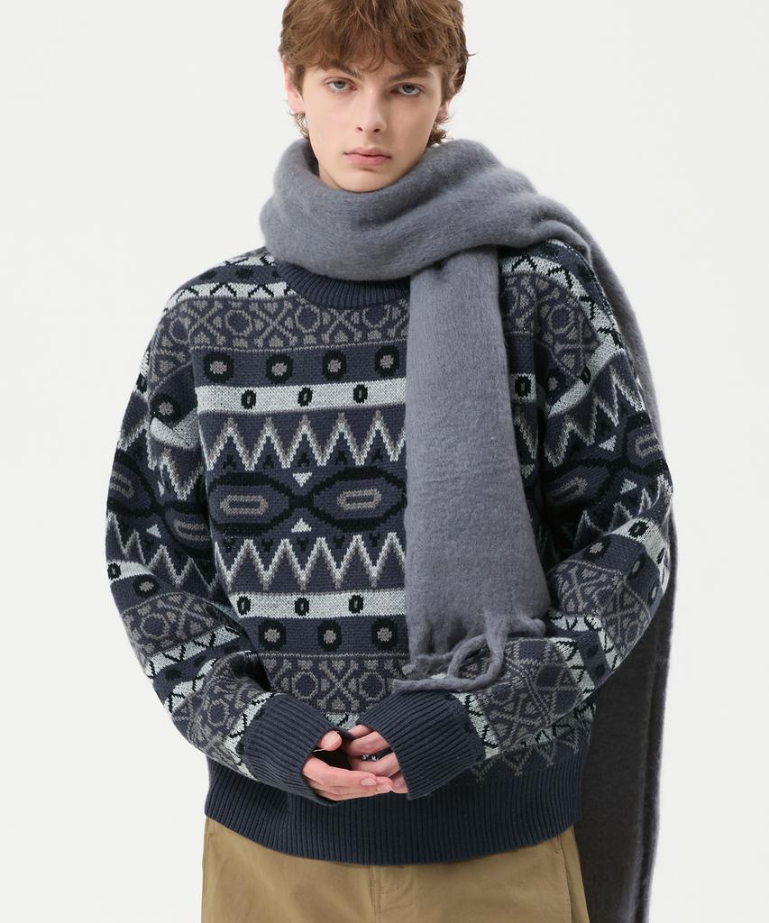 TRILLION Винтажный жаккардовый джемпер Fair Isle с круглым вырезом_Темно-синий