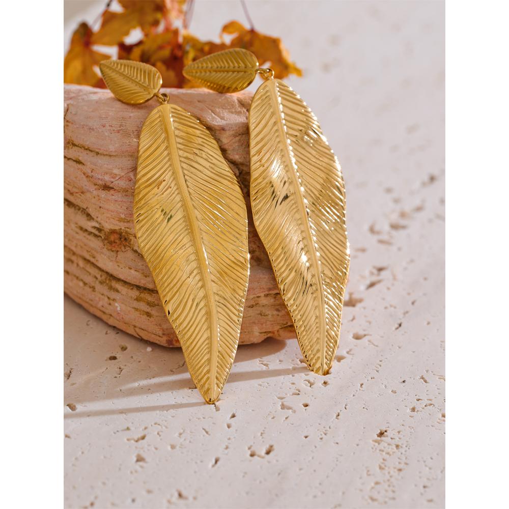 Yhpup 18g (Not Heavy) Statement Stainless Steel Metal Big Leaf Leaves Drop Dangle Earrings Water Resistant Fashion PVD Jewelry