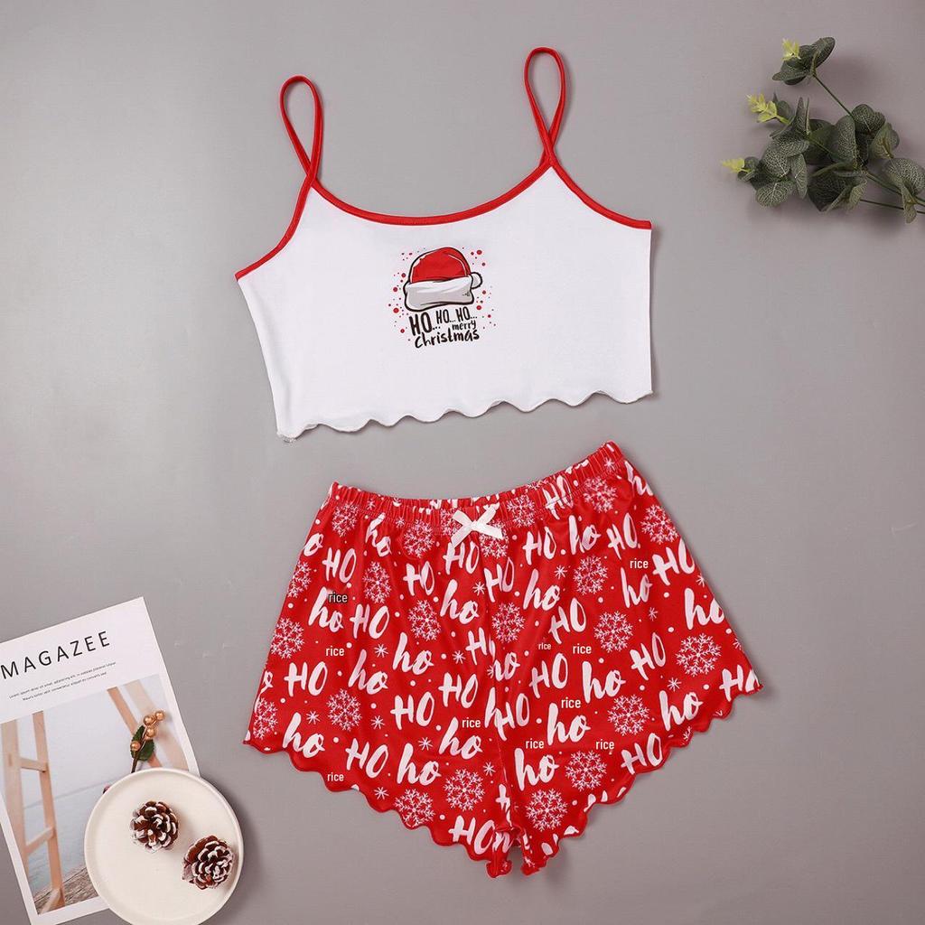 Women's Holiday Hat Print Pajama Set - Vest, Cami Top, Shorts Loungewear