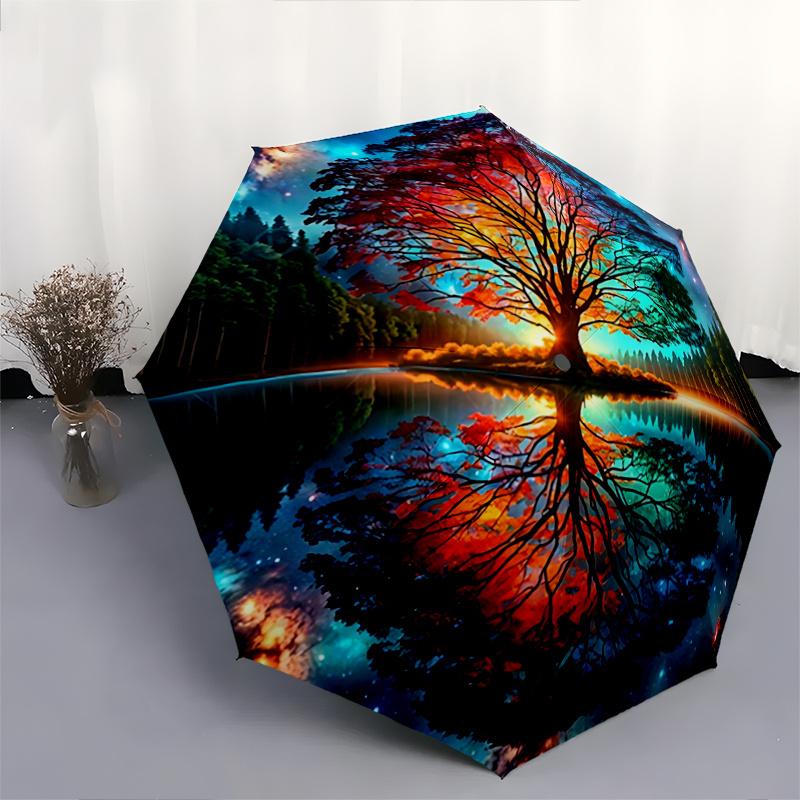 1pc The Enchanted Tree in a Dreamlike Forest Pattern Beautiful Looking Automatic Folding Umbrella, 3 Folding, 8 Iron Frame Design, Durable and Su