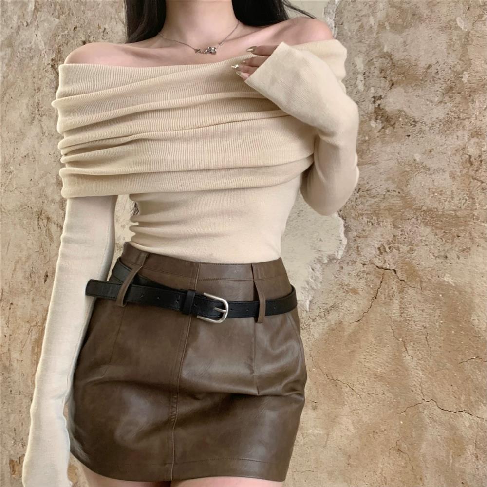 Весенне-осенняя женская футболка с длинными рукавами, сексуальная рубашка с вырезом «лодочка» и открытыми плечами, тонкая эластичная футболка