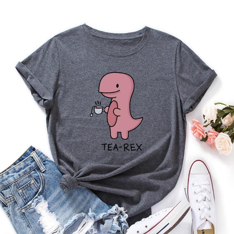 Summer Women's Pink Printed Dinosaur Pure Cotton Loose Round Neck Short Sleeved T-Shirts Women’s