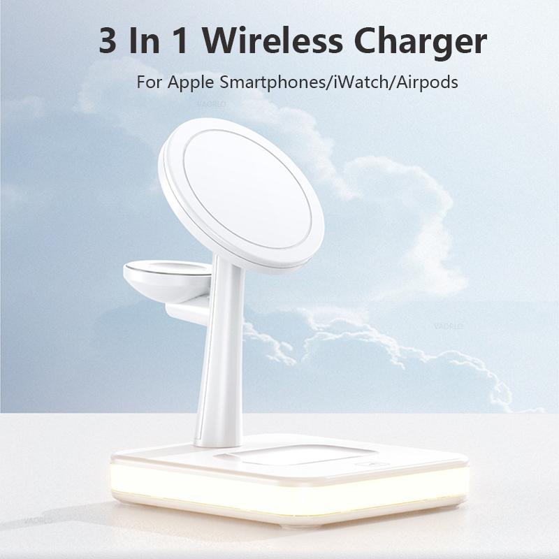 VAORLO Док-станция для беспроводного зарядного устройства 3 в 1 для iphone 12 12pro 12mini 13pro iwatch Airpods с ночником, быстрая зарядка