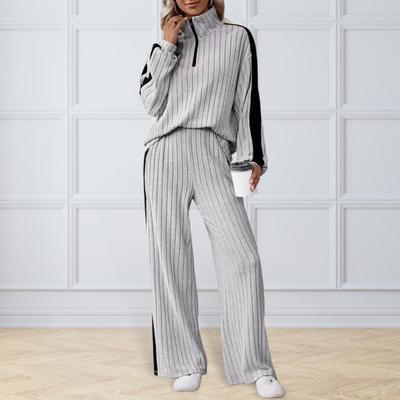 2 шт./комплект женский топ брюки комплект половина молния воротник стойка длинные рукава чистый