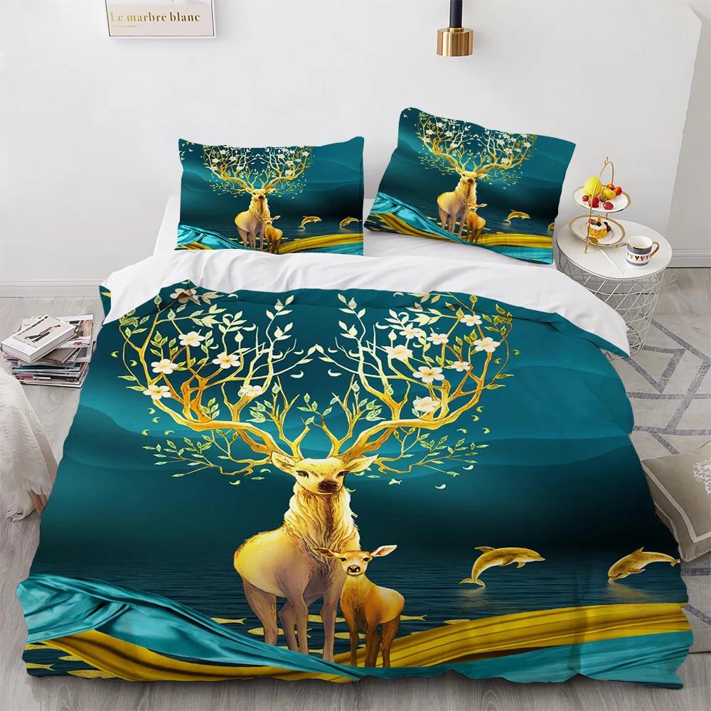 Deer Duvet Cover Set Wild Animals Flowers Pattern Polyester Bedding Set King Twin Full Size Comforter Cover For Kids Boys Girls