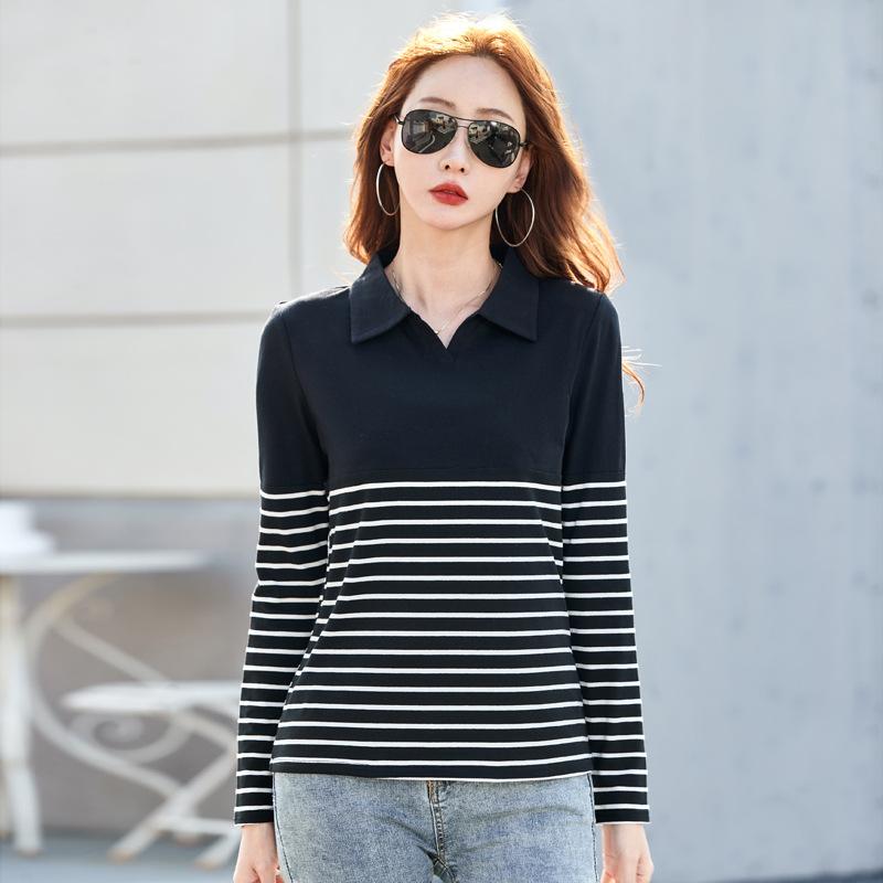 Футболка женская в полоску с узким низом и лацканами на весну и осень