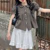 Women Doll Collar Puff Sleeve Button Up Plaid Blouse Tops