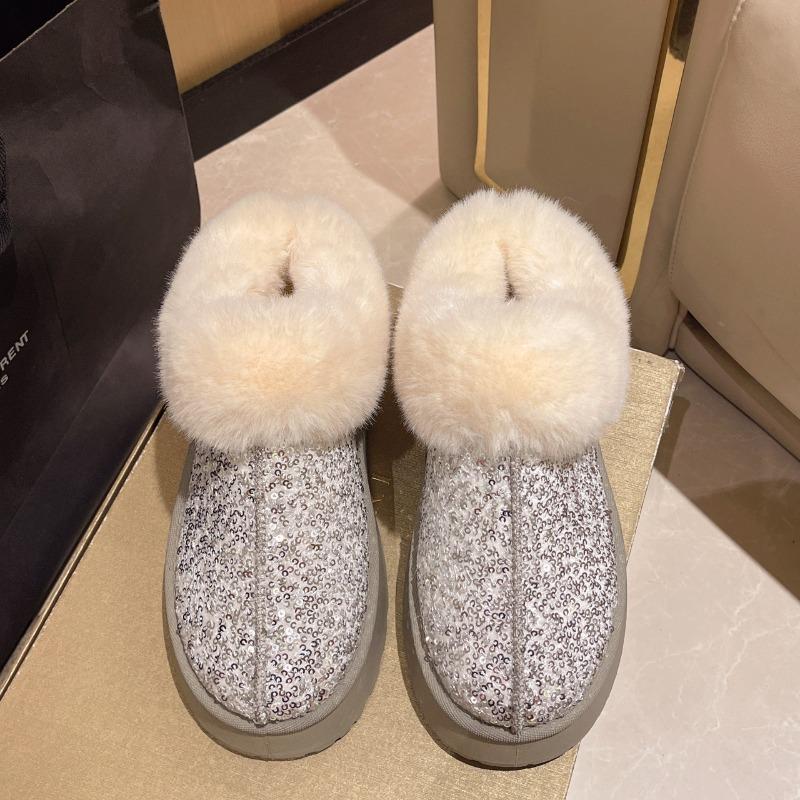 Женские зимние ботинки на платформе широкой полноты, ботильоны с отделкой пайетками и манжетами из искусственного меха, толстые теплые зимние ботильоны для женщин