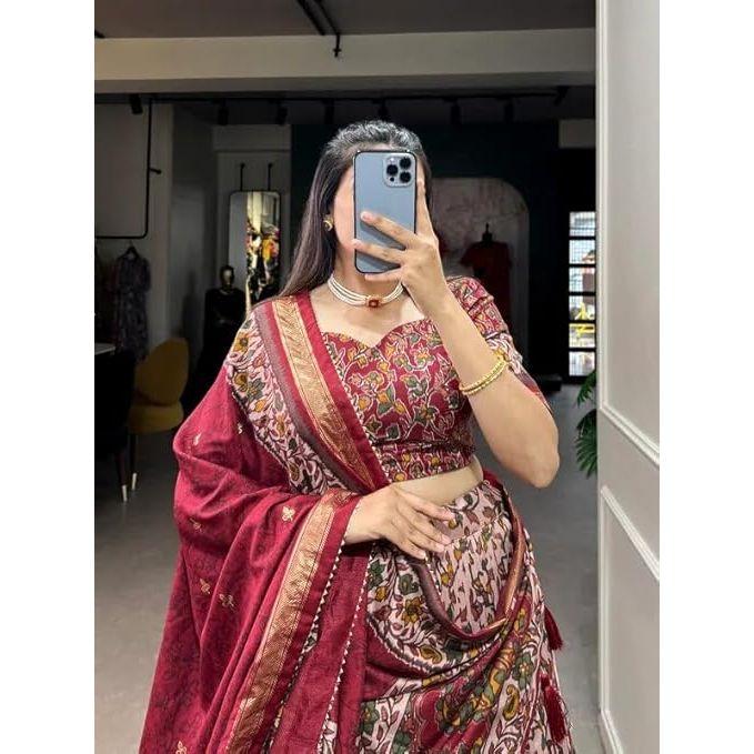 Женская коллекция 'perfectly' Лехенга-чоли из туссарового шелка с принтом Патола и фольгированной отделкой, Несшитая блузка,